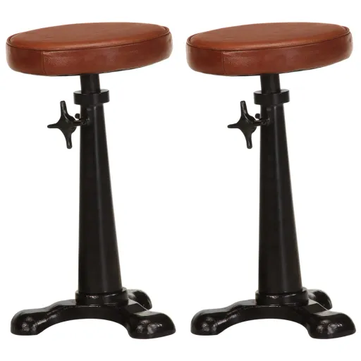 Bancos de Bar   Couro Genuíno Castanho e Ferro Fundido (2 pcs)