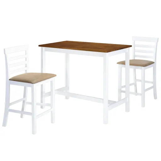 Mesa e Cadeiras de Bar   Madeira Maciça Castanho e Branco (3 pcs)