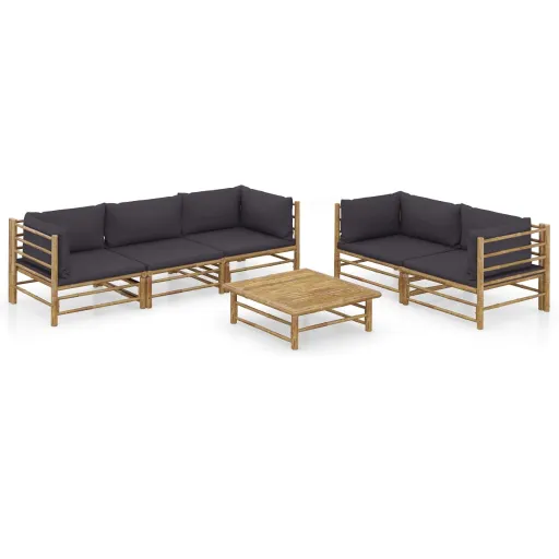 Conj. Lounge Jardim em Bambu c/ Almofadões Cinza-Escuro (6 pcs)