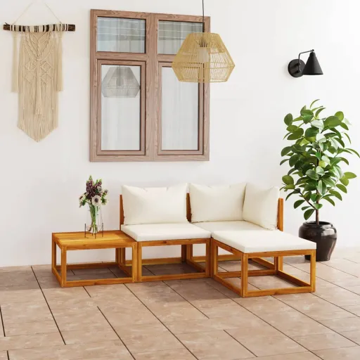 Conjunto Lounge Jardim c/ Almofadões Acácia Maciça Creme (4 pcs)