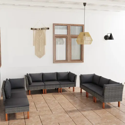 Conjunto Lounge de Jardim c/ Almofadões Vime PE Cinzento (9 pcs)