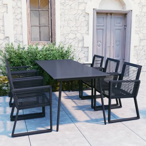 Conjunto de Jantar para Jardim Vime de PVC Preto (7 pcs)