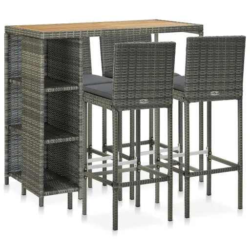 Conjunto de Bar p/ Jardim c/ Almofadões Vime PE Cinzento (5 pcs)