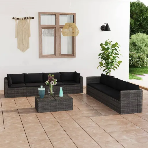 Conjunto Lounge de Jardim c/ Almofadões Vime PE Cinzento (9 pcs)