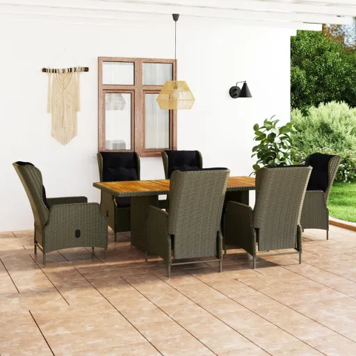 Conjunto Jantar Exterior com Almofadões Vime PE Castanho (7 pcs)