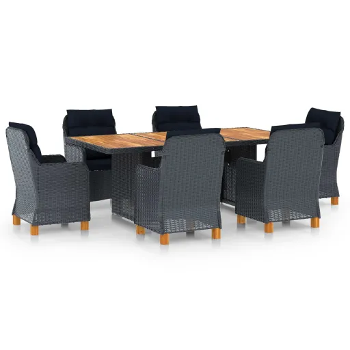 Conj. Jantar Exterior c/ Almofadões Vime PE Cinza-Escuro (7 pcs)