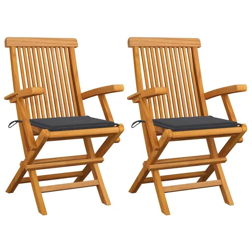 Cadeiras de Jardim c/ Almofadões Antracite   Teca Maciça (2 pcs)
