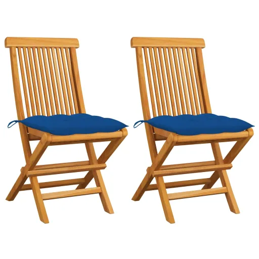 Cadeiras de Jardim c/ Almofadões Azuis   Teca Maciça (2 pcs)