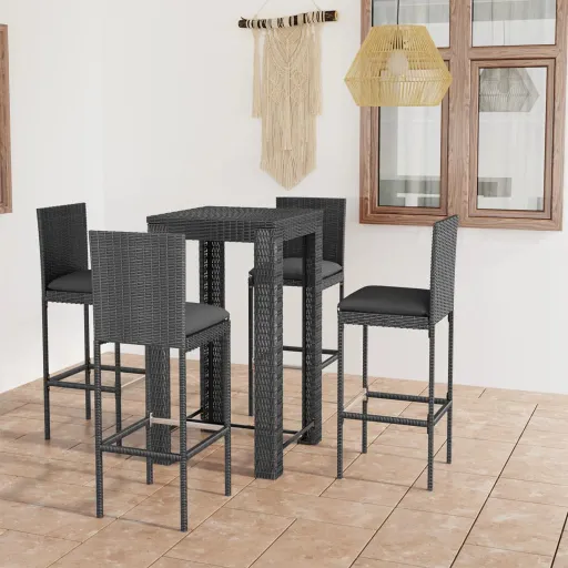 Conjunto de Bar p/ Exterior + Almofadões Vime PE Cinzento (5 pcs)