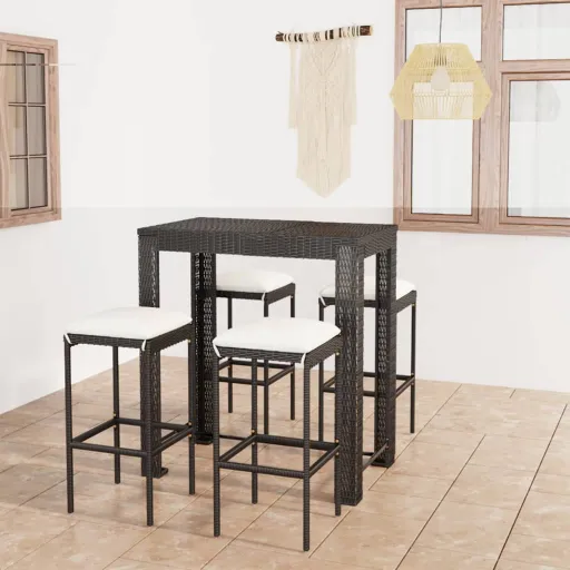 Conjunto de Bar p/ Jardim c/ Almofadões Vime PE Preto (5 pcs)
