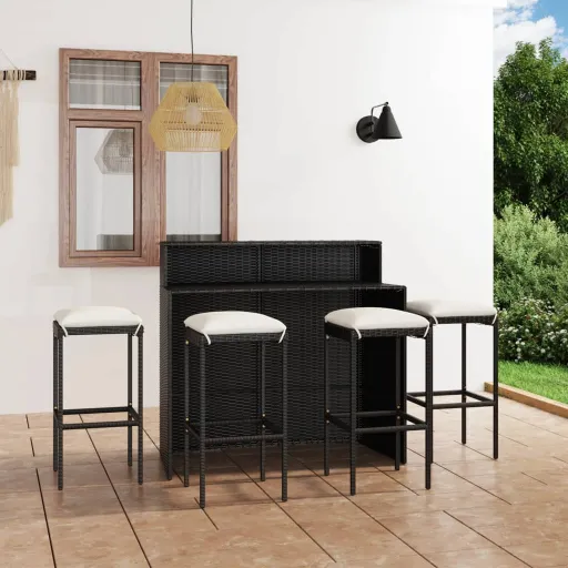 Conjunto de Bar para Jardim com Almofadões Preto (5 pcs)
