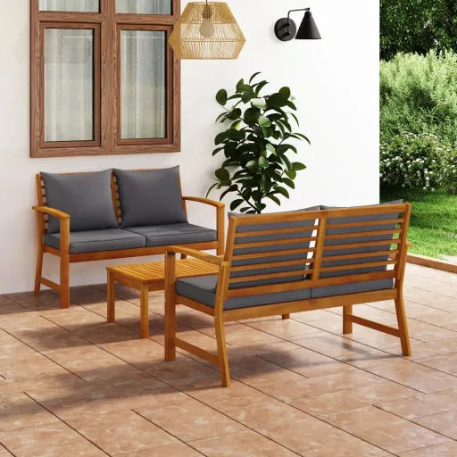 Conjunto de Lounge de Jardim com Almofadões Acácia Maciça (3 pcs)