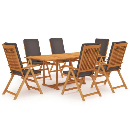 Conjunto Jantar Jardim + Almofadões Cinzentos Teca Maciça (7 pcs)