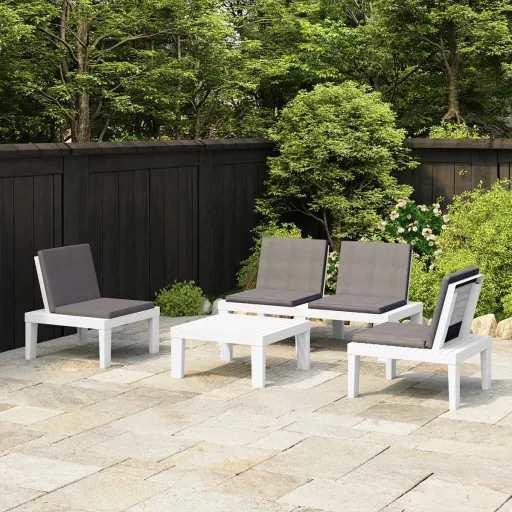Conjunto Lounge de Jardim com Almofadões Plástico Branco (4 pcs)