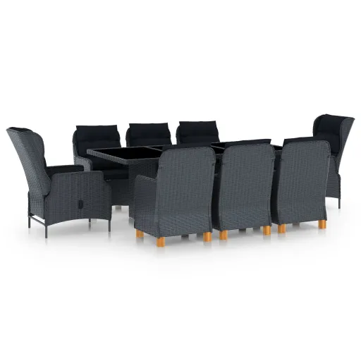 Conj. Jantar Exterior c/ Almofadões Vime PE Cinza-Escuro (9 pcs)