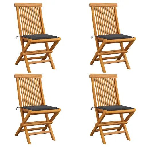 Cadeiras de Jardim c/ Almofadões Antracite   Teca Maciça (4 pcs)