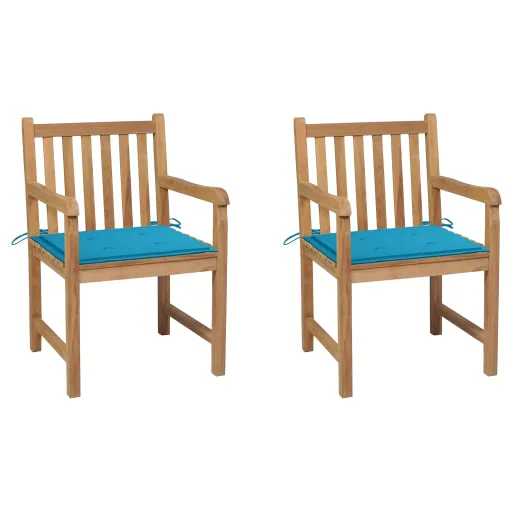 Cadeiras de Jardim c/ Almofadões Azuis   Teca Maciça (2 pcs)