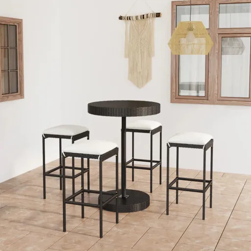 Conjunto de Bar p/ Jardim c/ Almofadões Vime PE Preto (5 pcs)