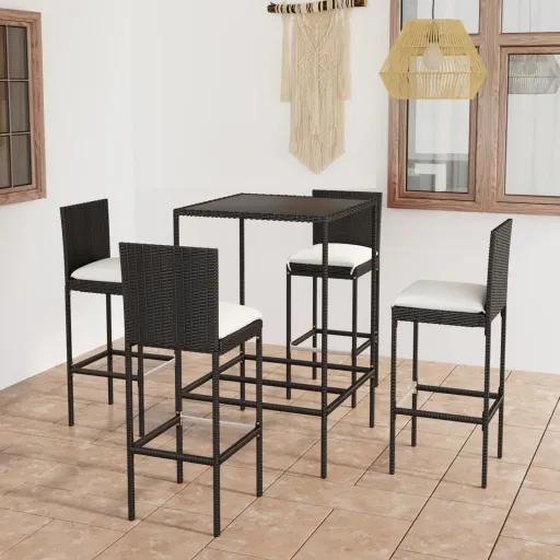 Conjunto de Bar p/ Jardim c/ Almofadões Vime PE Preto (5 pcs)