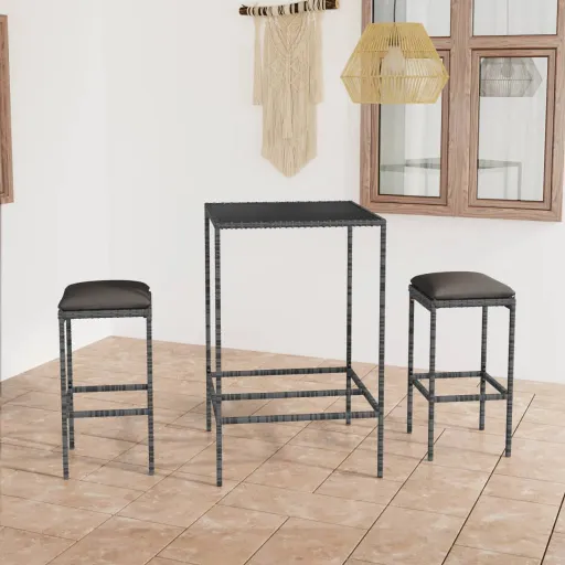 Conjunto de Bar p/ Jardim c/ Almofadões Vime PE Cinzento (3 pcs)