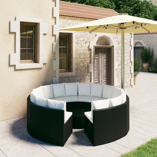 Conjunto Sofás de Jardim c/ Almofadões Vime PE Preto (9 pcs)