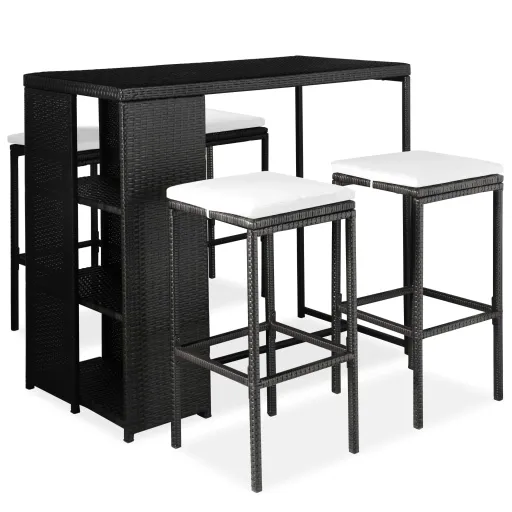 Conjunto de Bar p/ Jardim c/ Almofadões Vime PE Preto (5 pcs)