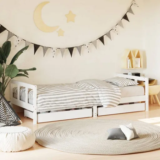 Estrutura Cama Infantil c/ Gavetas 90x200cm Pinho Maciço Branco