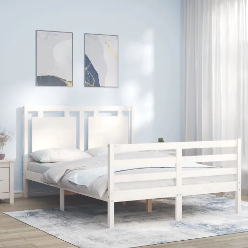 Estrutura de Cama com Cabeceira 140x190cm Madeira Maciça Branco