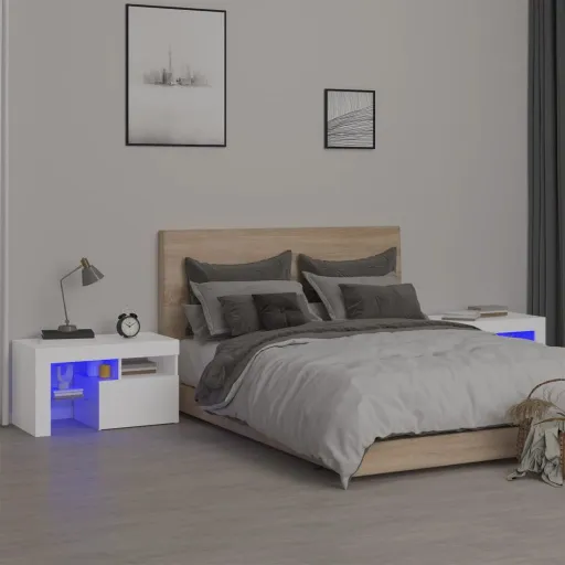 Mesas Cabeceira c/ LEDs   70x36,5x40 cm Branco (2 pcs)