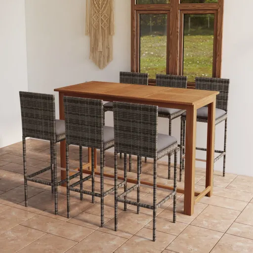 Conjunto de Bar para Jardim com Almofadões Cinzento (7 pcs)