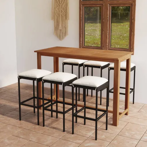 Conjunto de Bar p/ Jardim com Almofadões Preto (7 pcs)