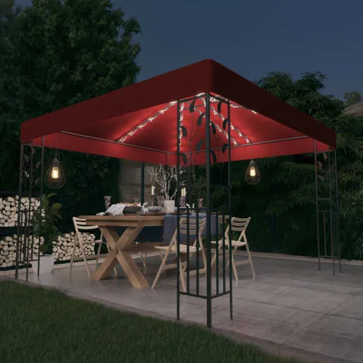 Gazebo com Cordões de Luzes LED 3x3 m Vermelho Tinto