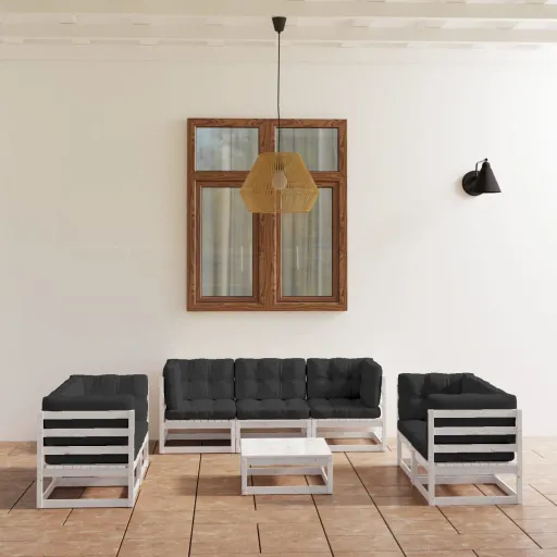 Conjunto Lounge de Jardim com Almofadões Pinho Maciço (8 pcs)