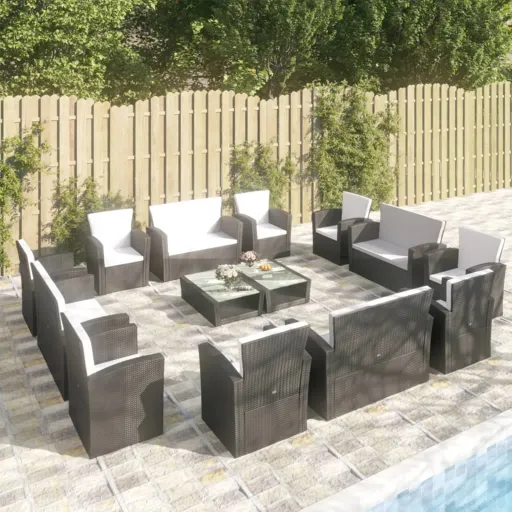 Conjunto Lounge de Jardim c/ Almofadões Vime PE Preto (16 pcs)