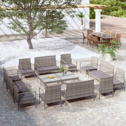 Conjunto Lounge de Jardim c/ Almofadões Vime PE Cinzento (16 pcs)