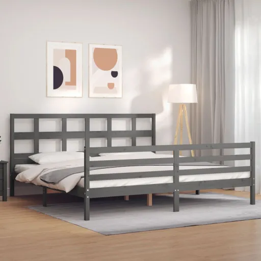 Estrutura de Cama com Cabeceira 200x200 cm Madeira Maciça Cinza