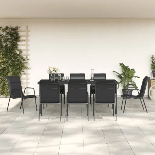 Conjunto de Jantar para Jardim Aço e Textilene Preto (9 pcs)