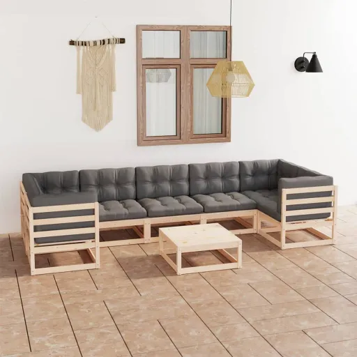 Conjunto Lounge de Jardim c/ Almofadões Pinho Maciço (8 pcs)