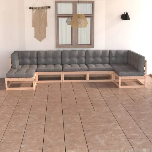 Conjunto Lounge de Jardim c/ Almofadões Pinho Maciço (7 pcs)
