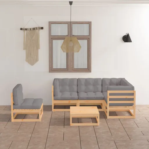Conjunto Lounge de Jardim com Almofadões Pinho Maciço (6 pcs)