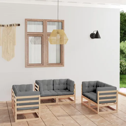 Conjunto Lounge de Jardim com Almofadões Pinho Maciço (6 pcs)