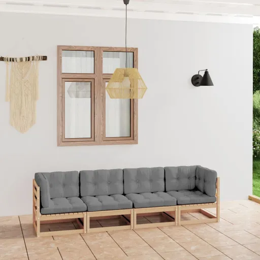 Sofá de Jardim 4 Lugares com Almofadões Pinho Maciço