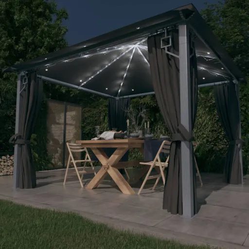 Gazebo c/ Cortinas e Cordões Luzes LED 3x3 m Alumínio Antracite