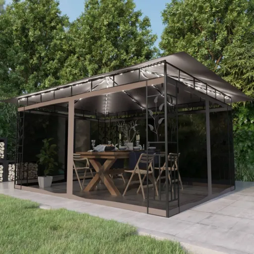Gazebo c/ Mosquiteiro e Cordões Luzes LED 4x3x2,73m Cinza-Acas.