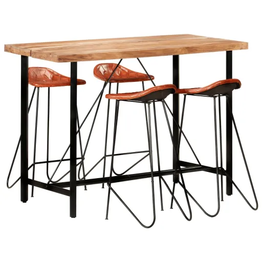 Conjunto de Bar Madeira Maciça e Couro Genuíno (5 pcs)