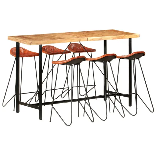 Conjunto de Bar Madeira Maciça e Couro Genuíno (7 pcs)