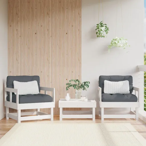 Cadeiras de Jardim c/ Almofadões   Pinho Maciço Branco (2 pcs)