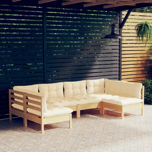Conjunto Lounge Jardim c/ Almofadões Creme Pinho Maciço (6 pcs)