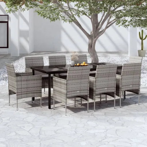 Conjunto de Jantar para Jardim c/ Almofadões Cinza/Preto (9 pcs)
