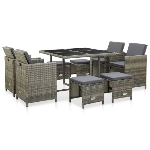 Conjunto Jantar Exterior c/ Almofadões Vime PE Cinzento (9 pcs)